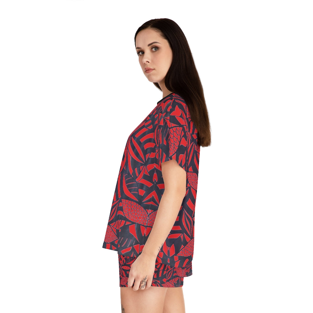 Red Tropical Minimalist Short Pajama Set (AOP)