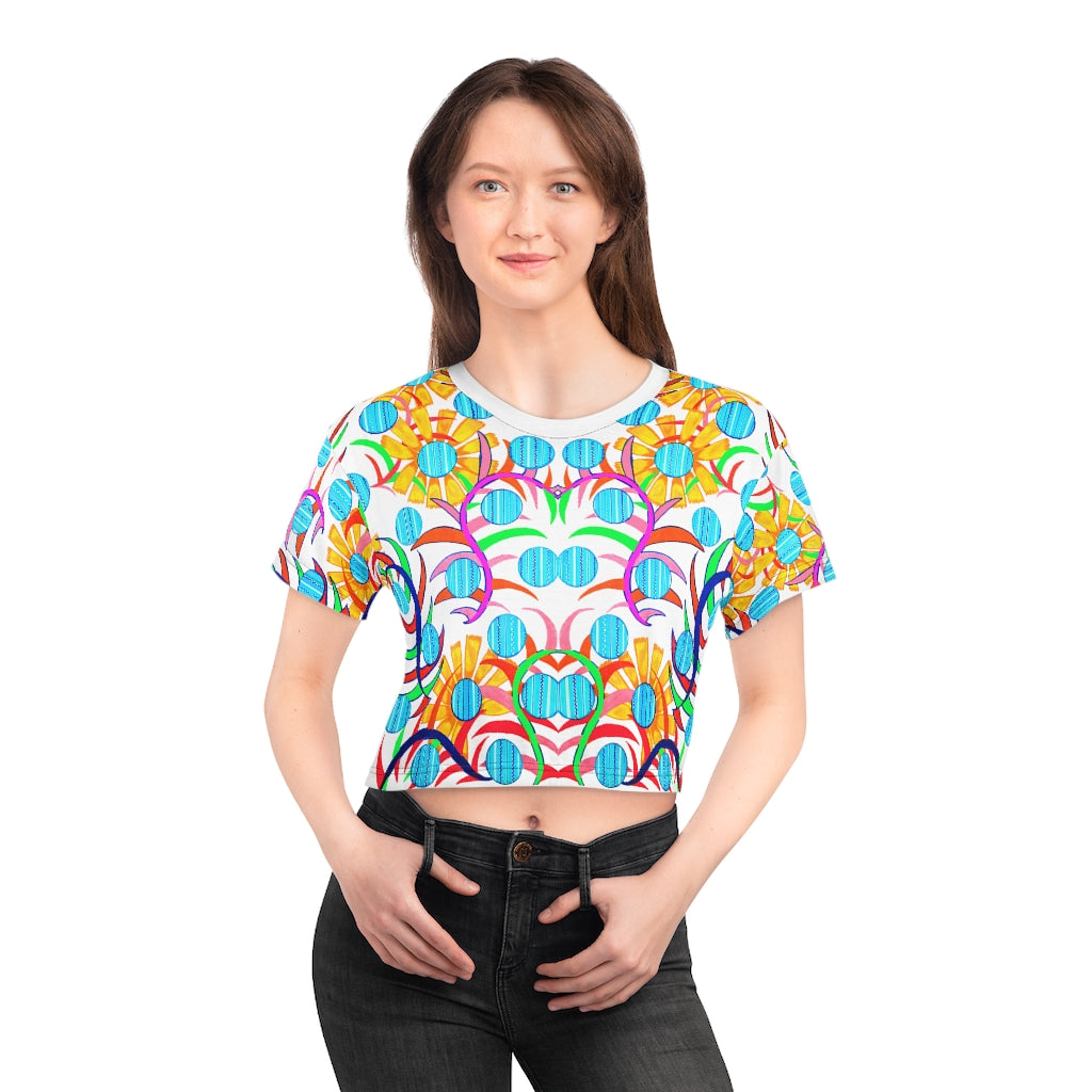 White Sunflower AOP Crop Tee