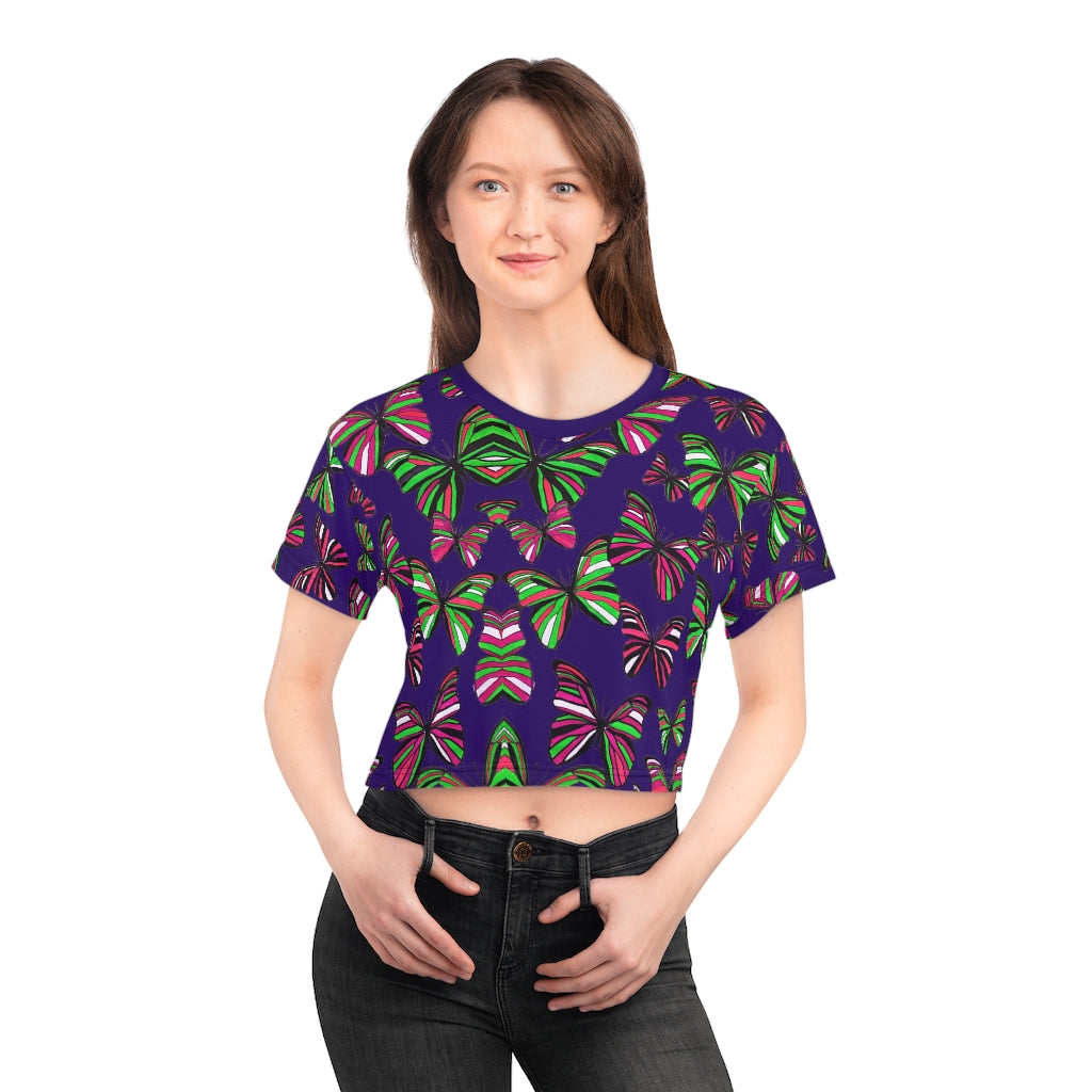 violet butterfly print crop t-shirt