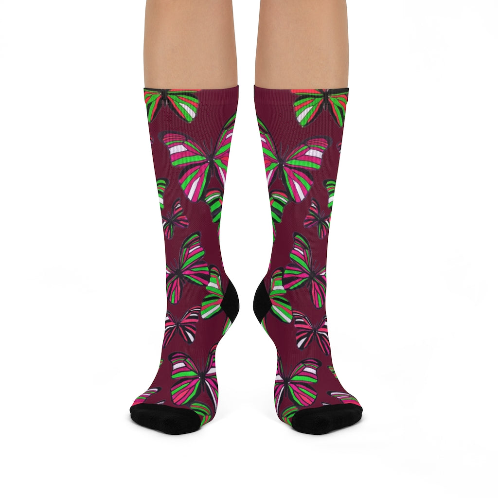 Grunge Butterflies Marsala Crew Socks