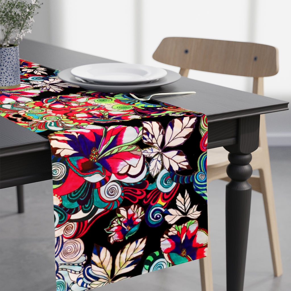 Artsy Floral Pop Black Table Runner