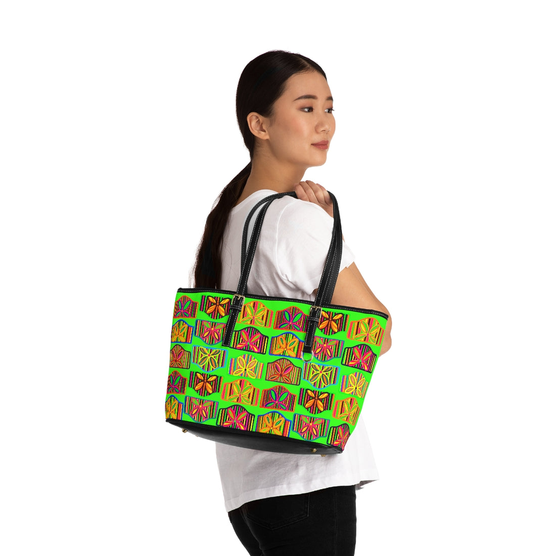 neon green  pu leather zipper shoulder tote bag