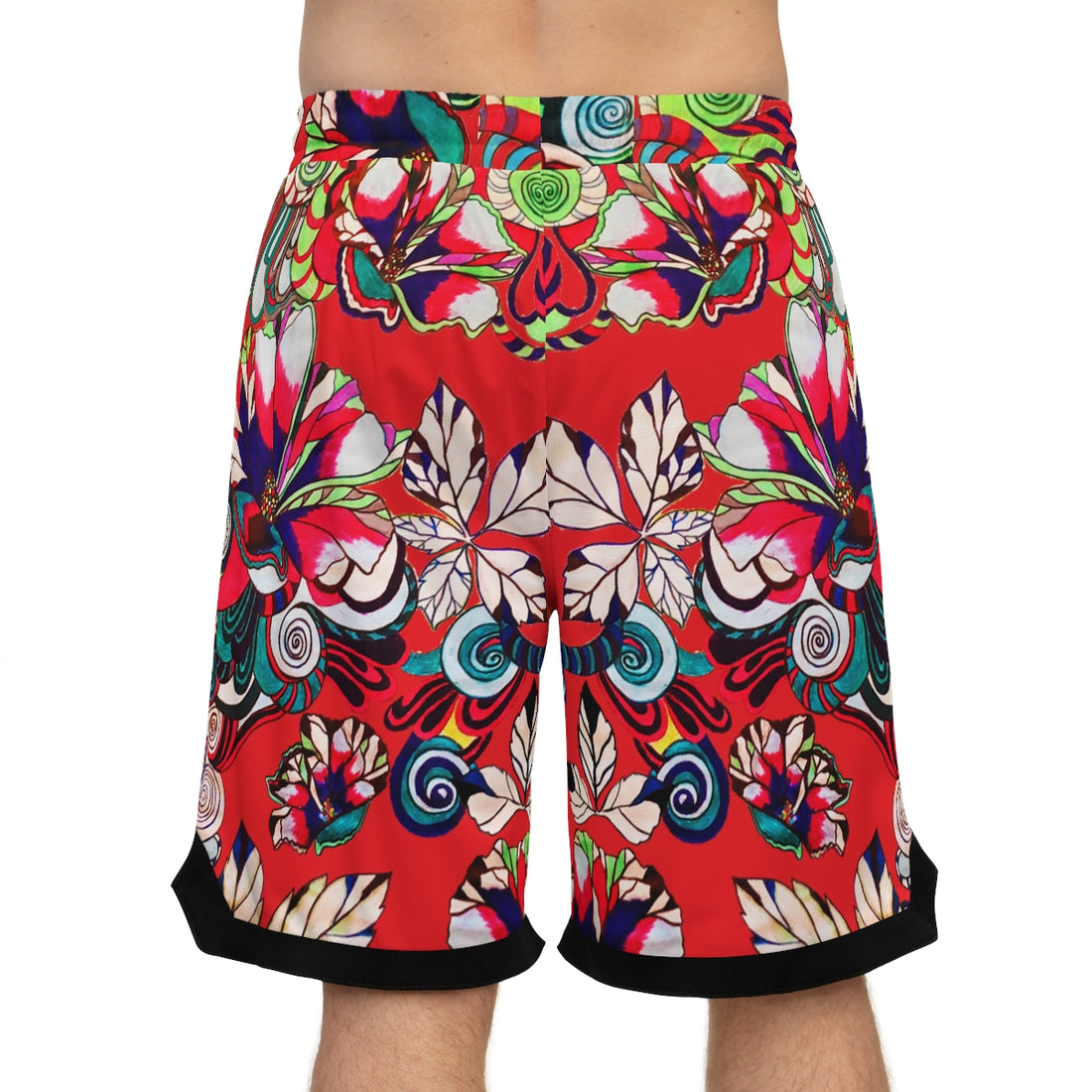 Red Graphic Floral Basketball Rib Shorts (AOP)