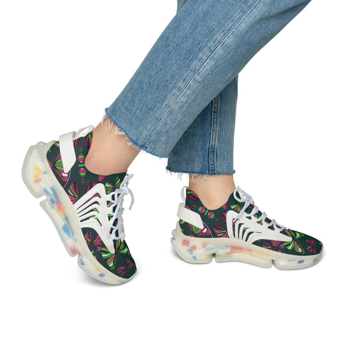 Bottle Green Butterfly Printed OTT Women's Mesh Knit Sneakers