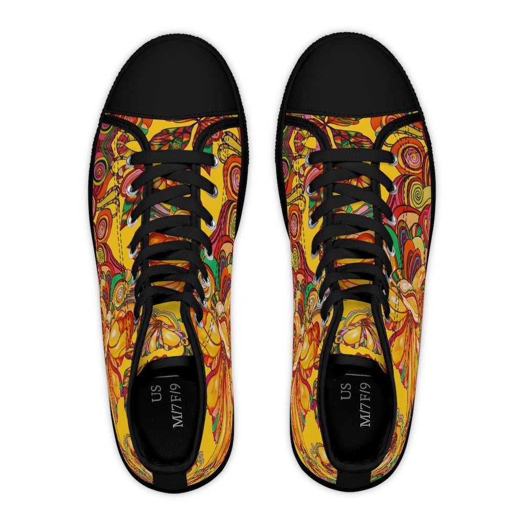 yellow floral print canvas high top sneakers for women