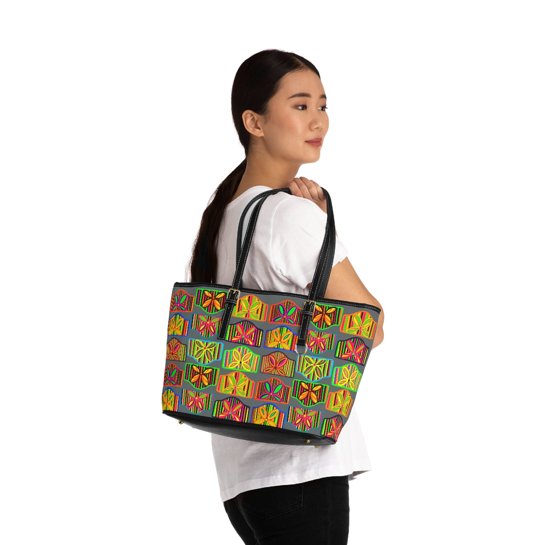 ash grey pu leather zipper tote with multi colour art deco print