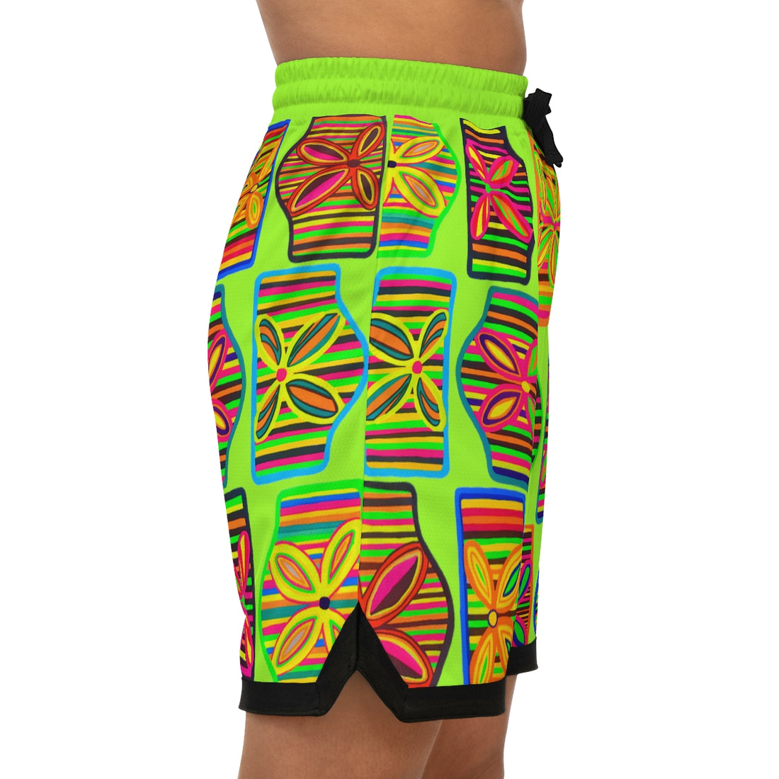 Lime Green Art Deco Print Basketball Rib Shorts (AOP)