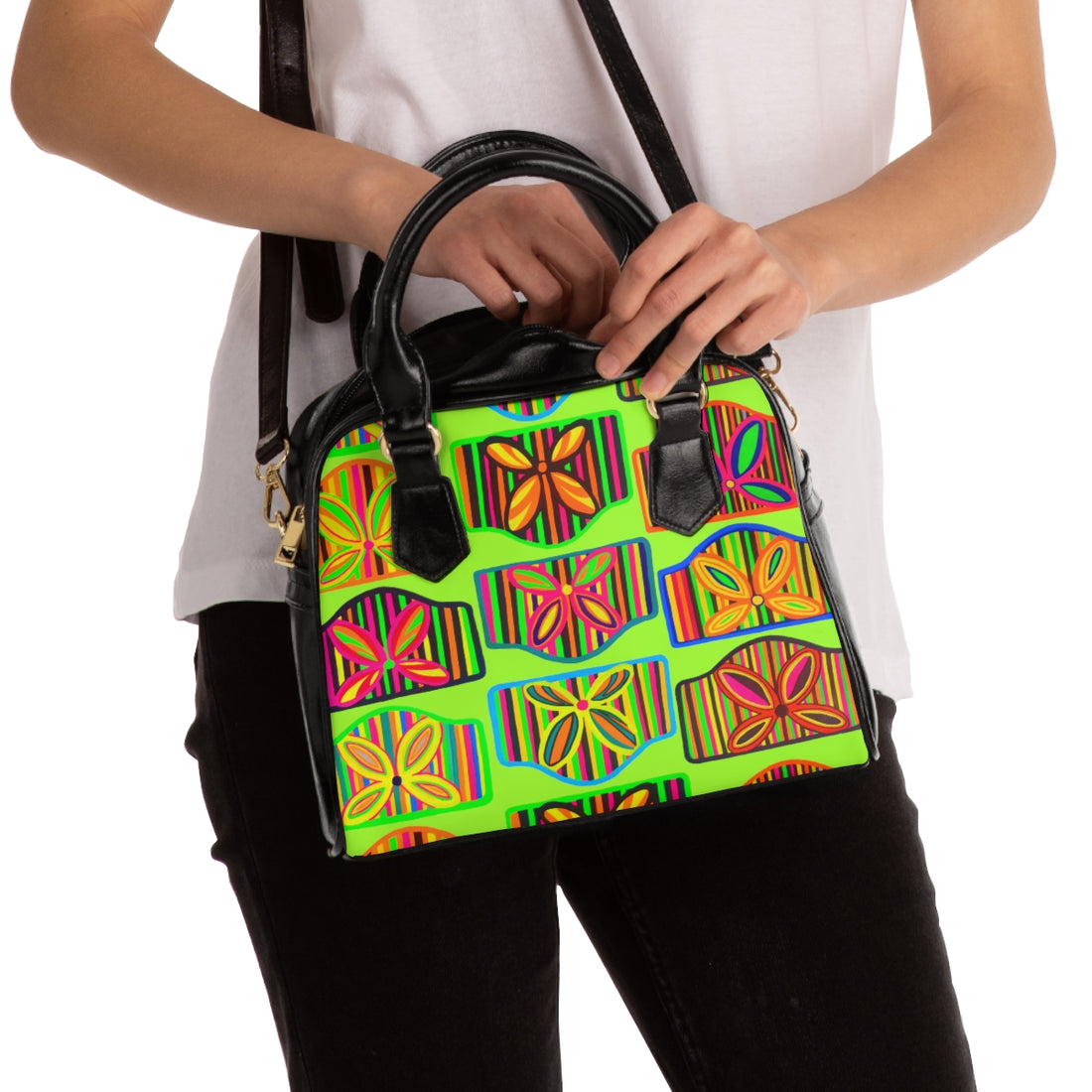 lime art deco print pu leather handbag