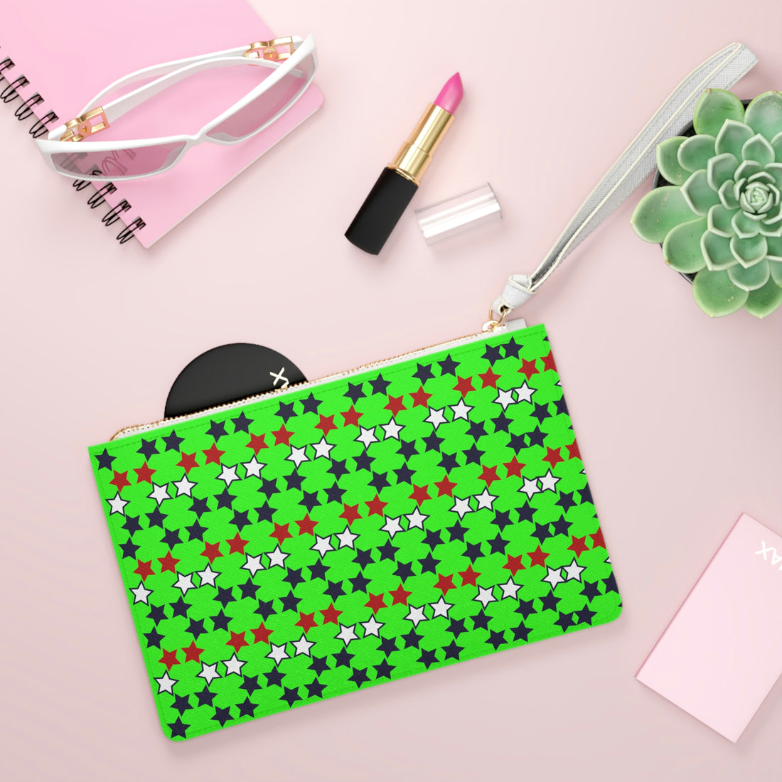 neon green star print clutch bag