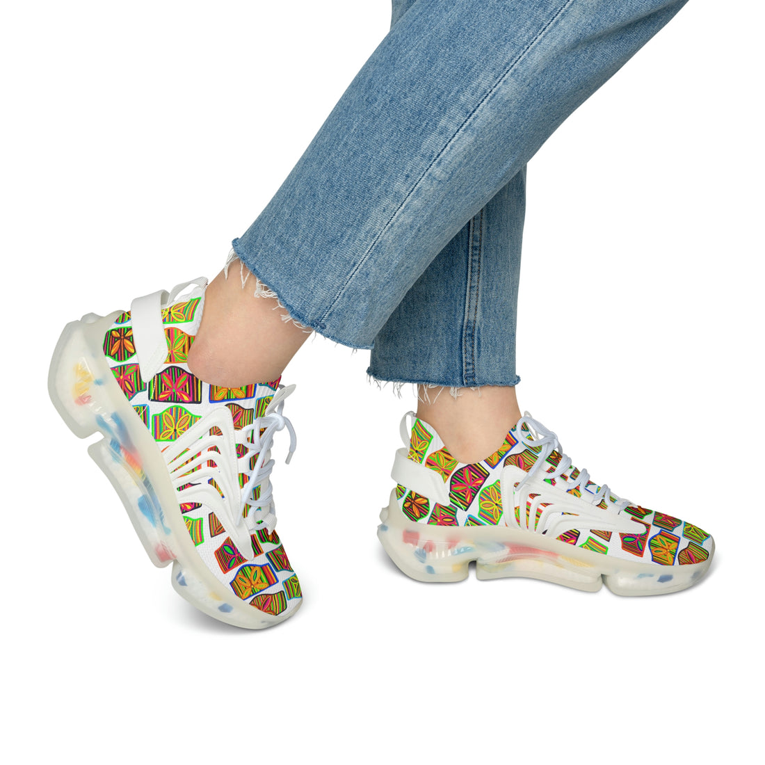 white women's art deco print mesh knit sneakers 