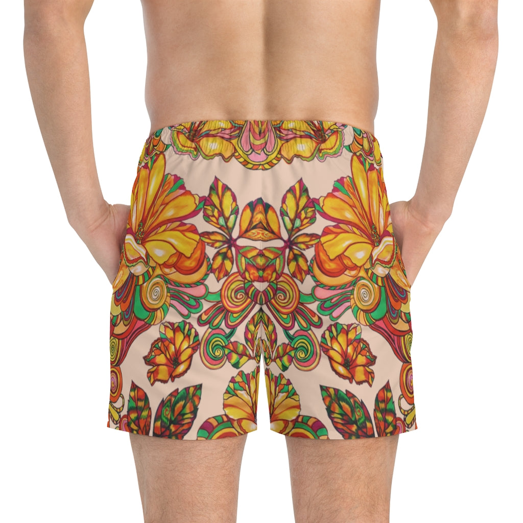 Artsy Floral Men's Nude Swimming Trunks