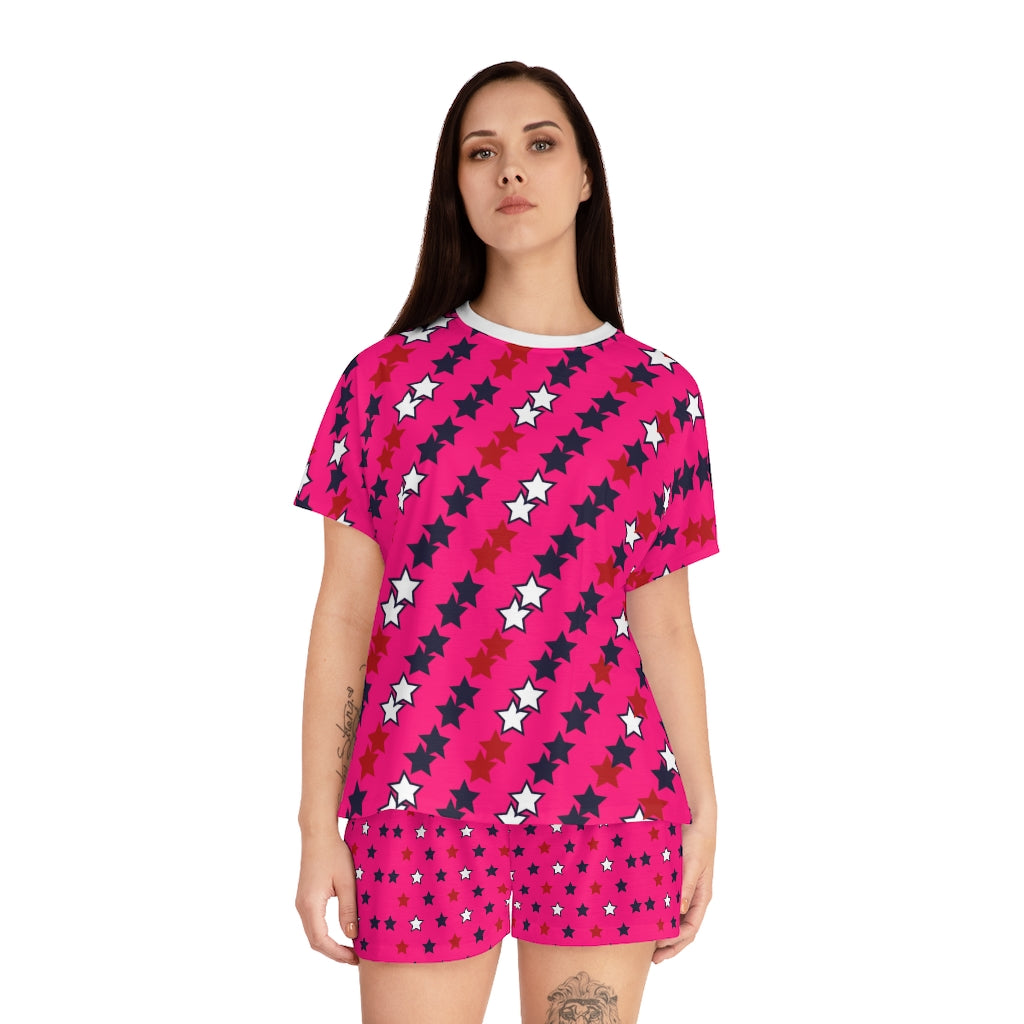 hot pink star print shorts & t-shirt pajama set for women