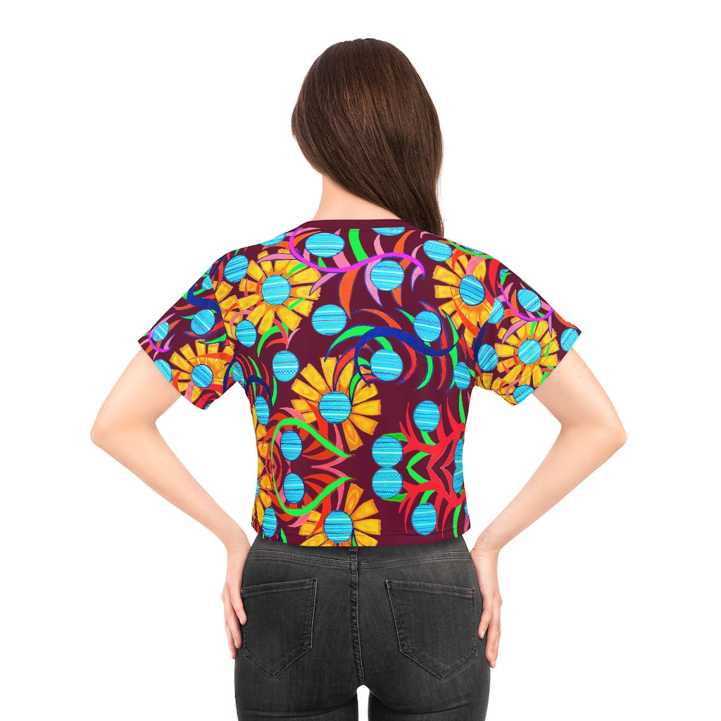 marsala sunflower print cropped t-shirt