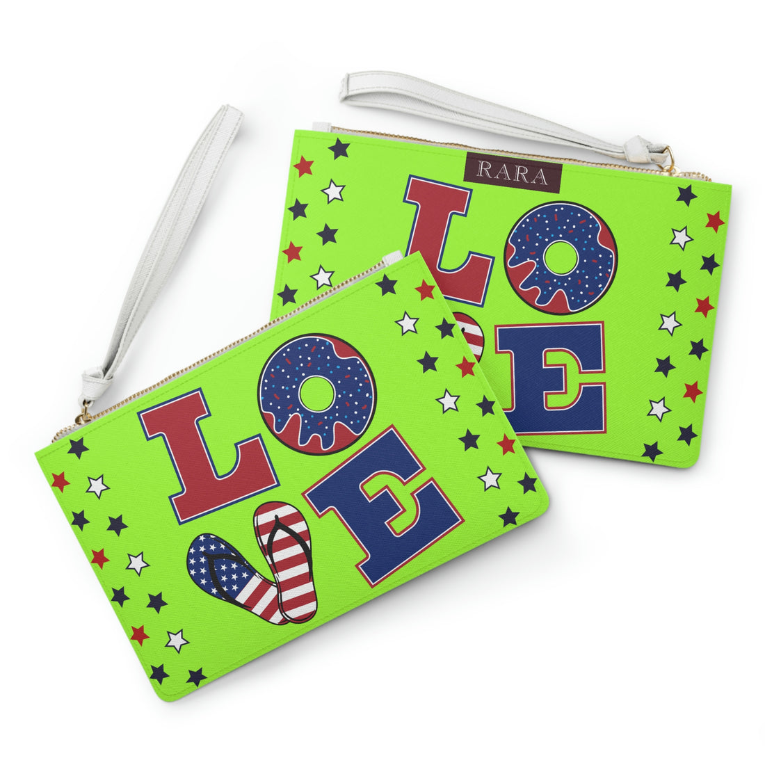 lime green clutch bag with love typography in american flag colours 