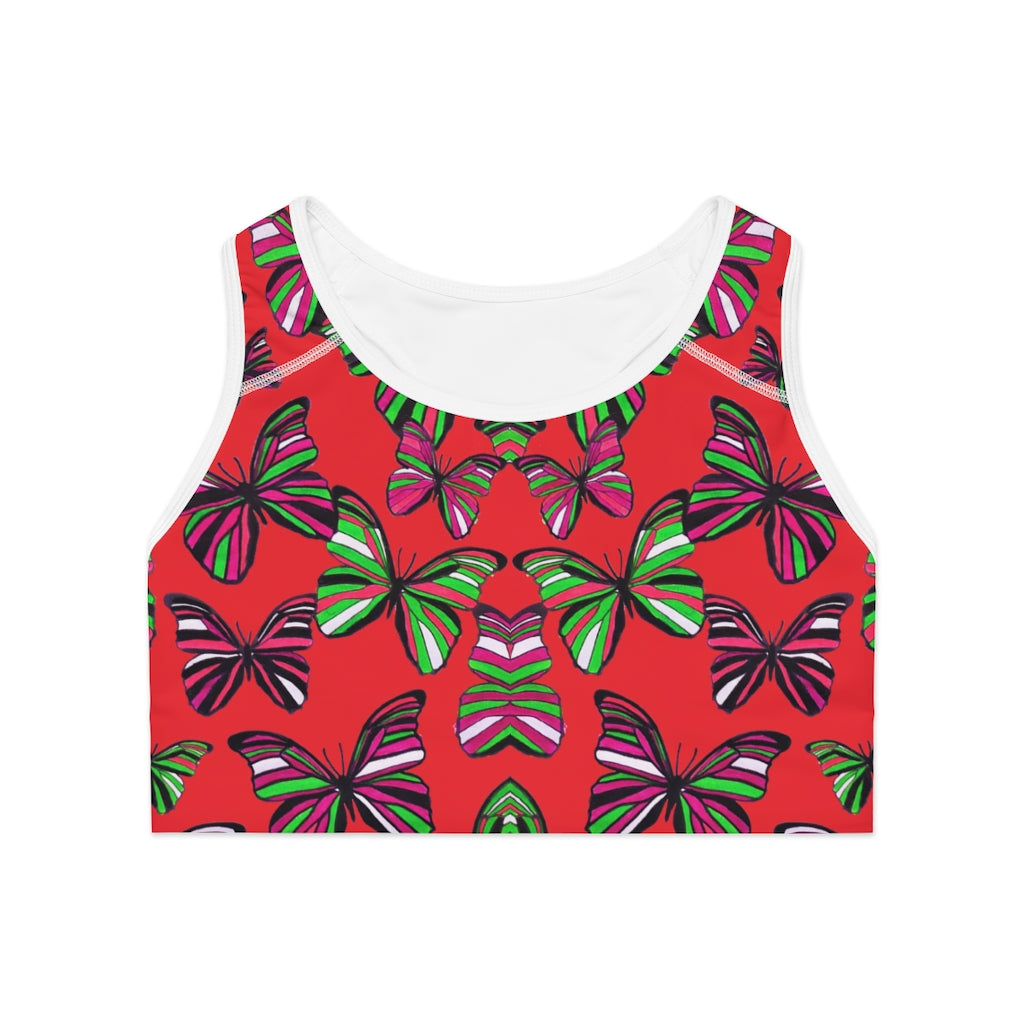 red butterfly print sports bra