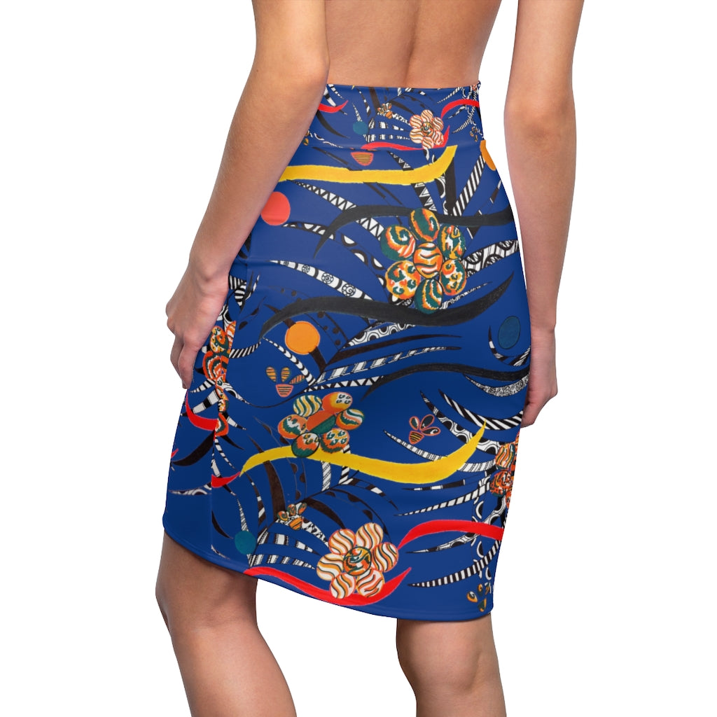 Blue Wilderness Print Pencil Skirt