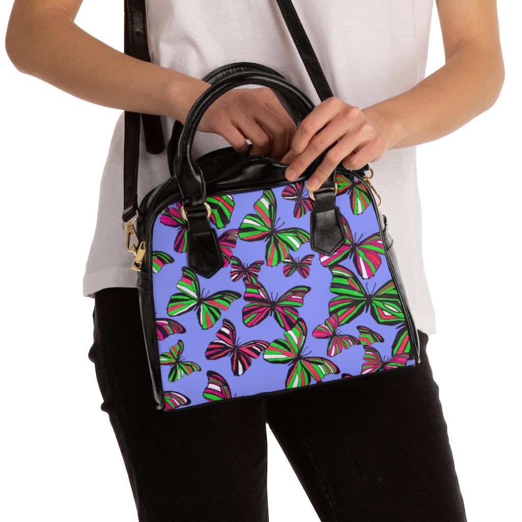 very peri butterfly print handbag