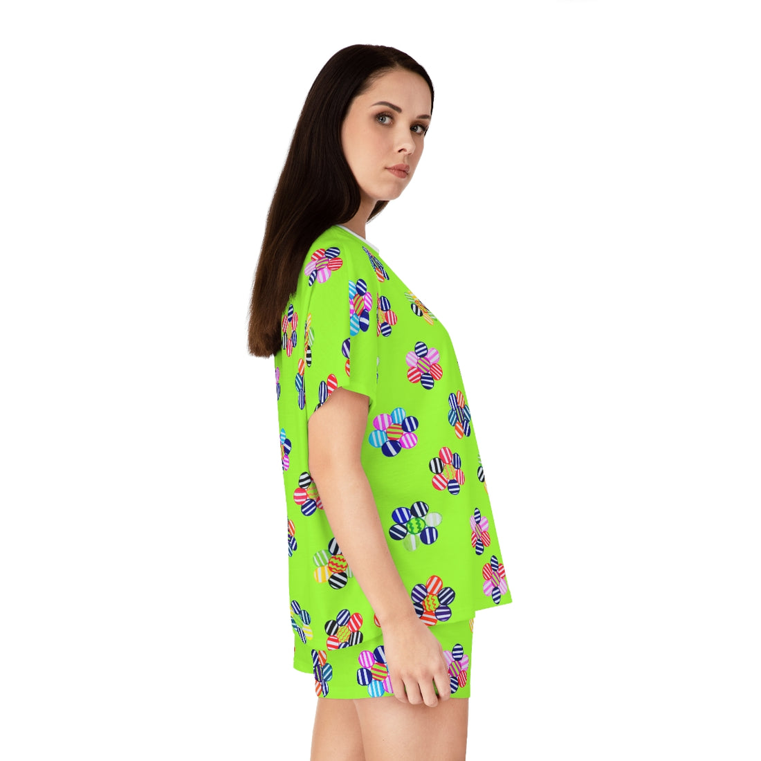 Lime Green Candy Floral Short Pajama Set (AOP)
