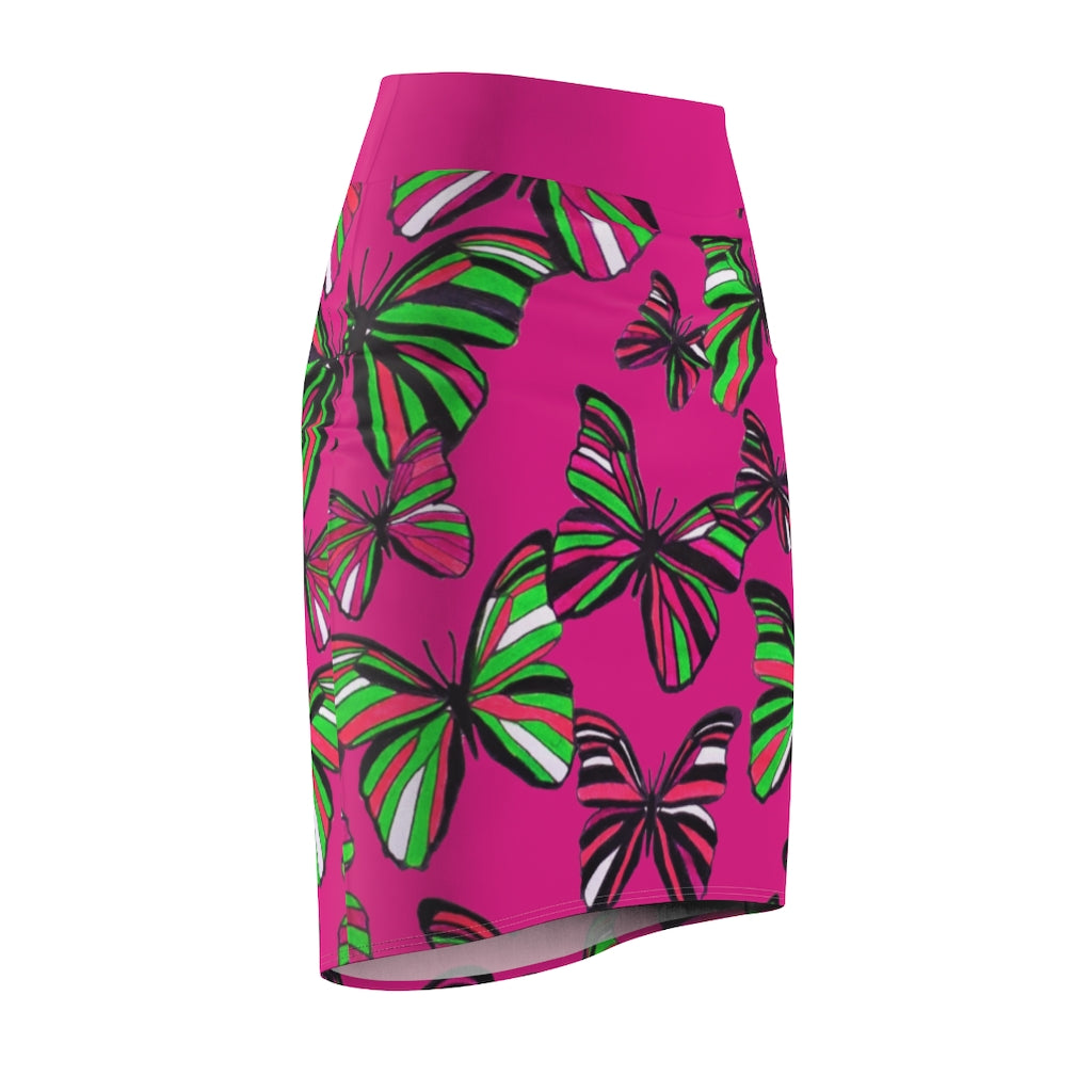 Hot Pink Butterflies Pencil Skirt