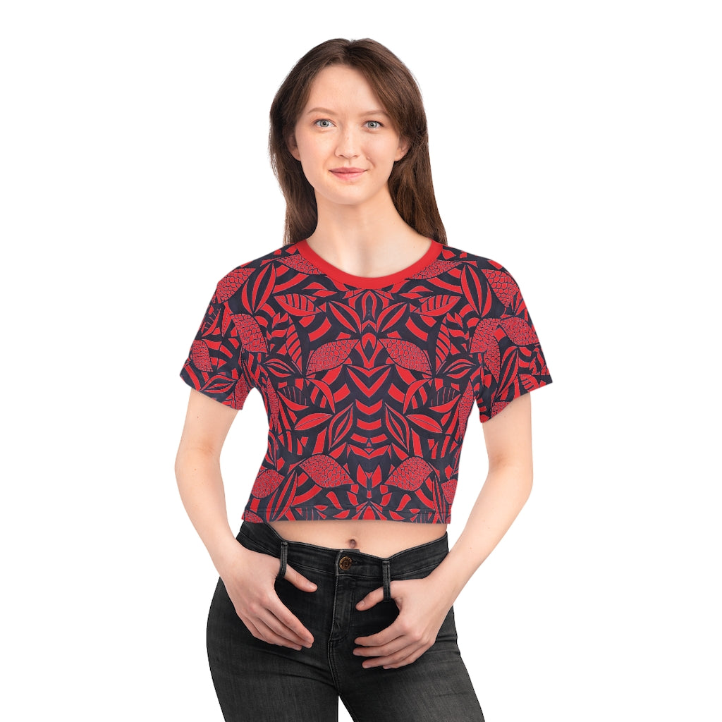 red tropical print crop t-shirt