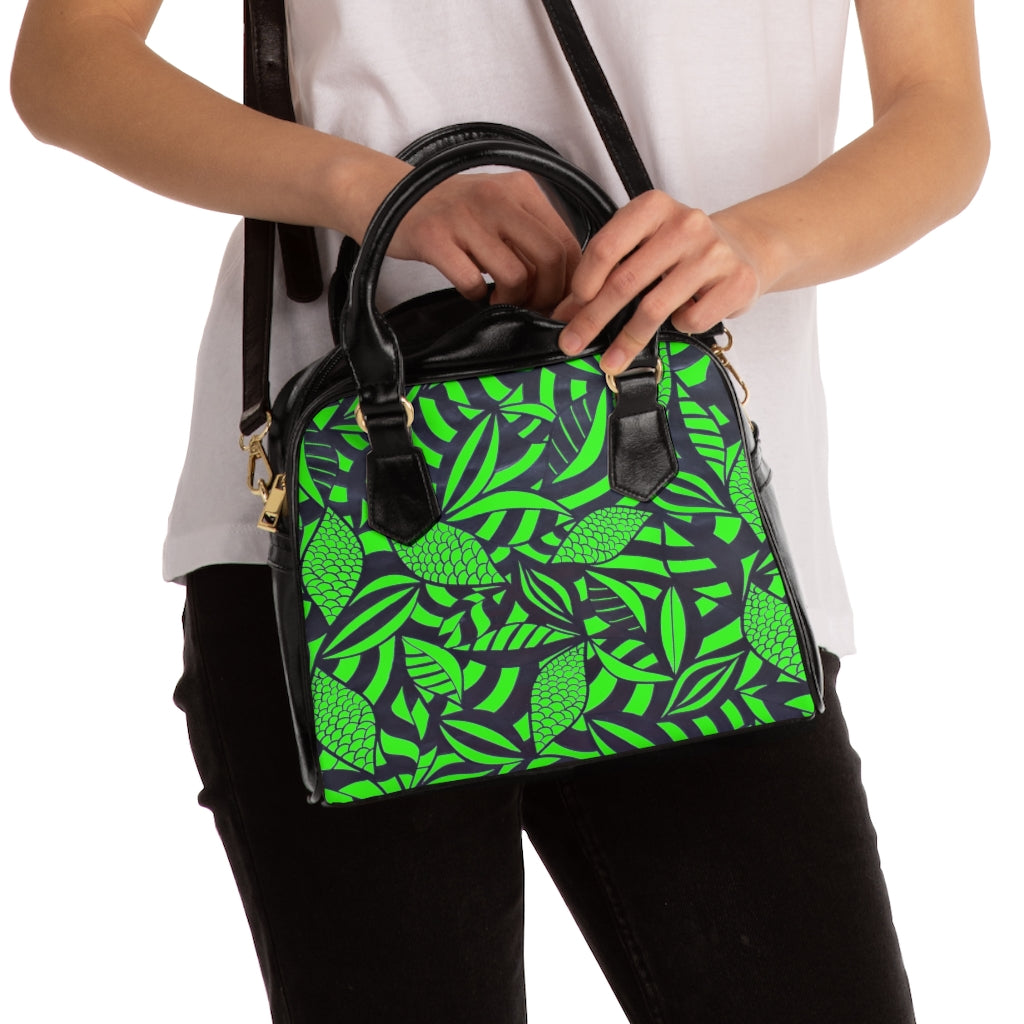 neon green tropical print handbag