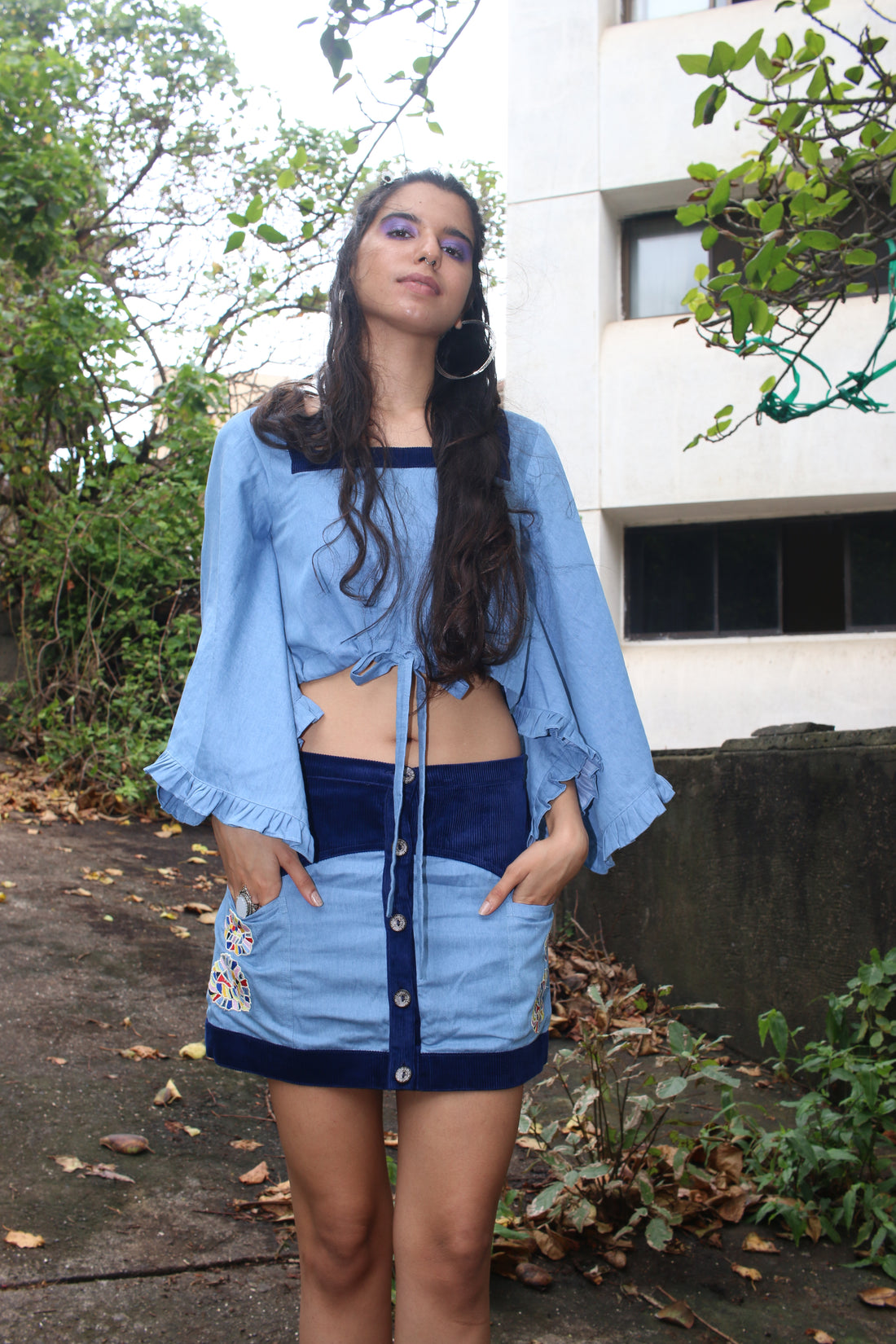 Ethical floral embroidered cotton denim skirt with center front plack & courdroy yoke & crop top set with drawstring waist & flared sleeves