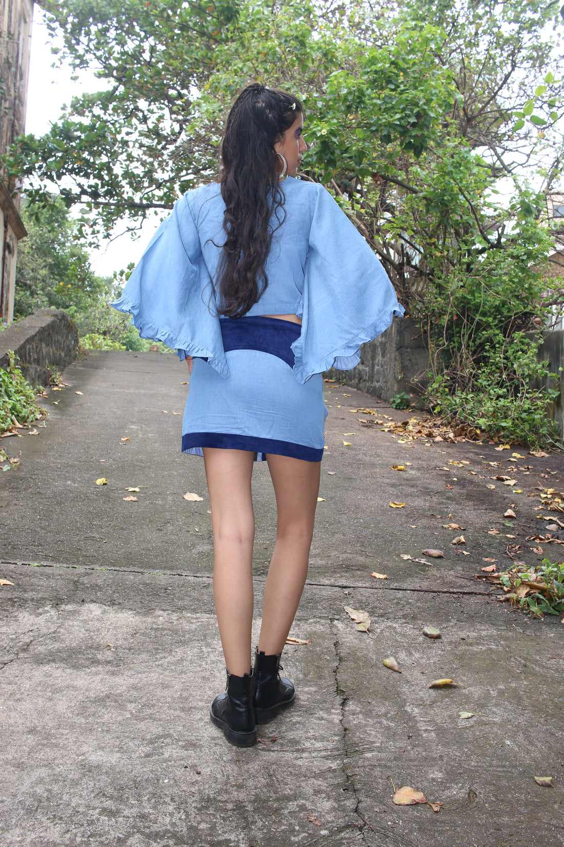 Ethical floral embroidered cotton denim skirt with center front plack & courdroy yoke & crop top set with drawstring waist & flared sleeves