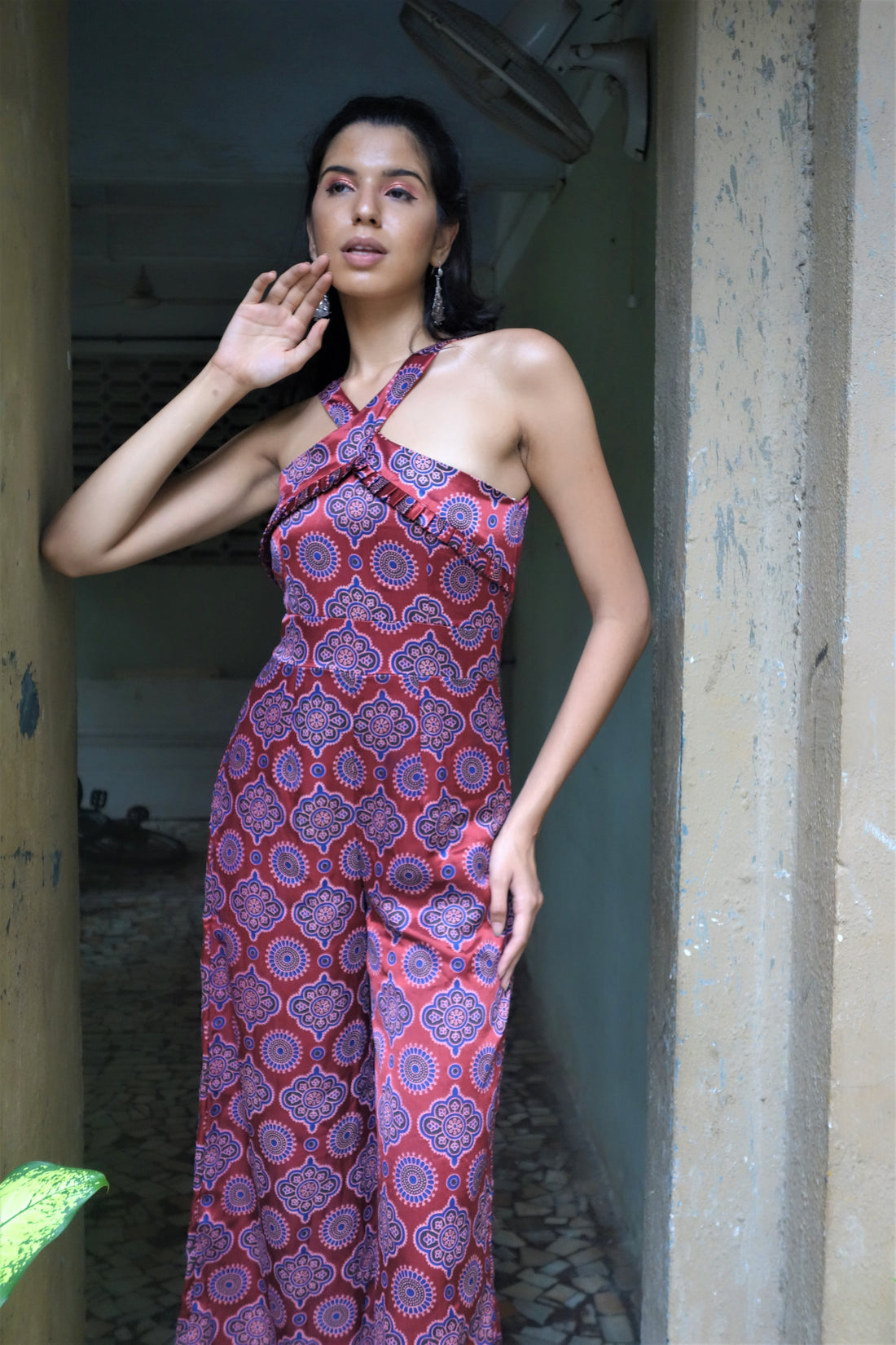 Auburn halter neck jumpsuit with indowestern motifs