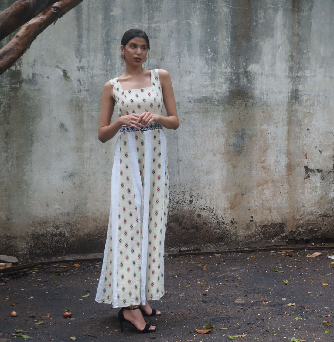 White mulmul & handblock panneled maxi dress with hand embroidered belt