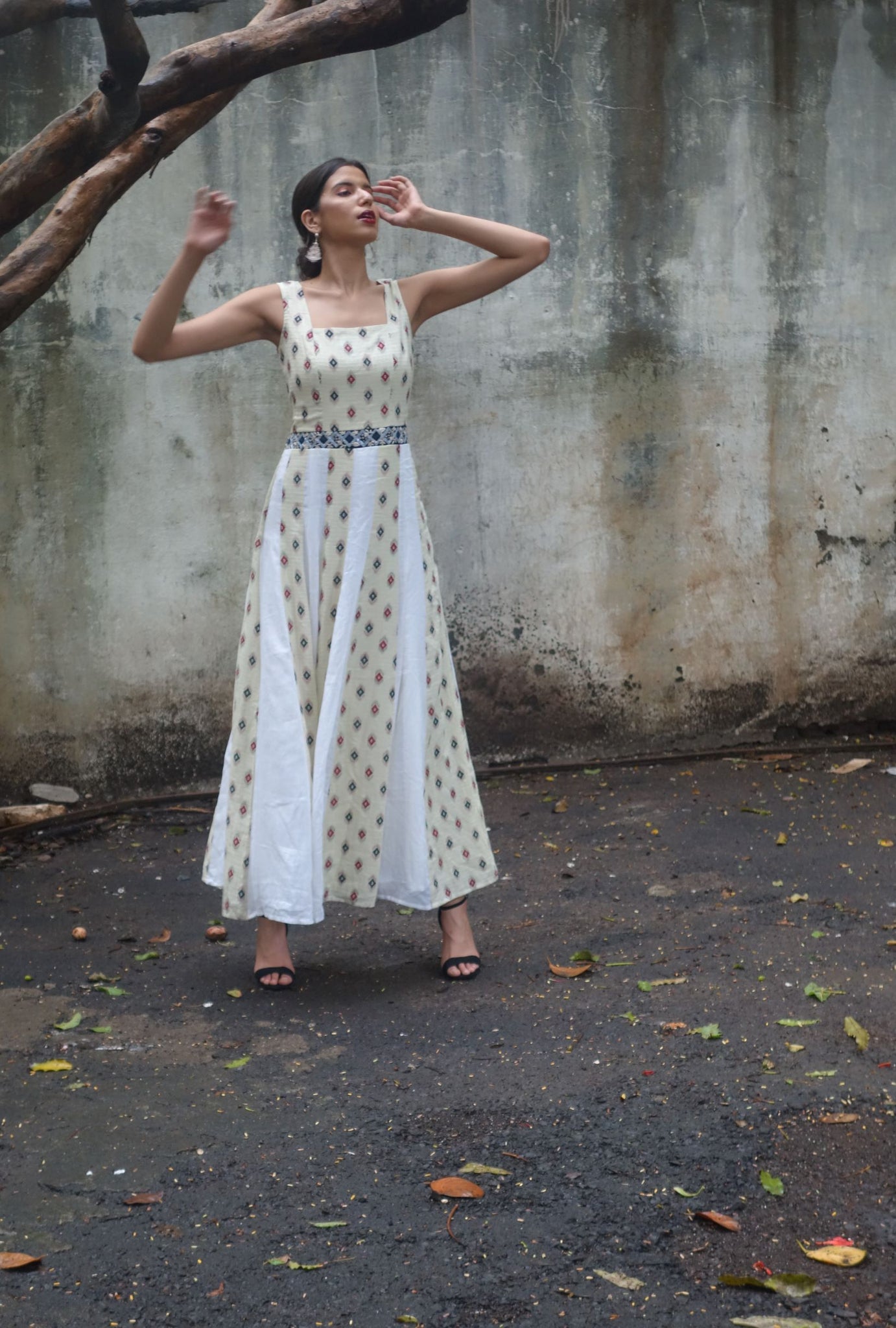 White mulmul & handblock panneled maxi dress with hand embroidered belt