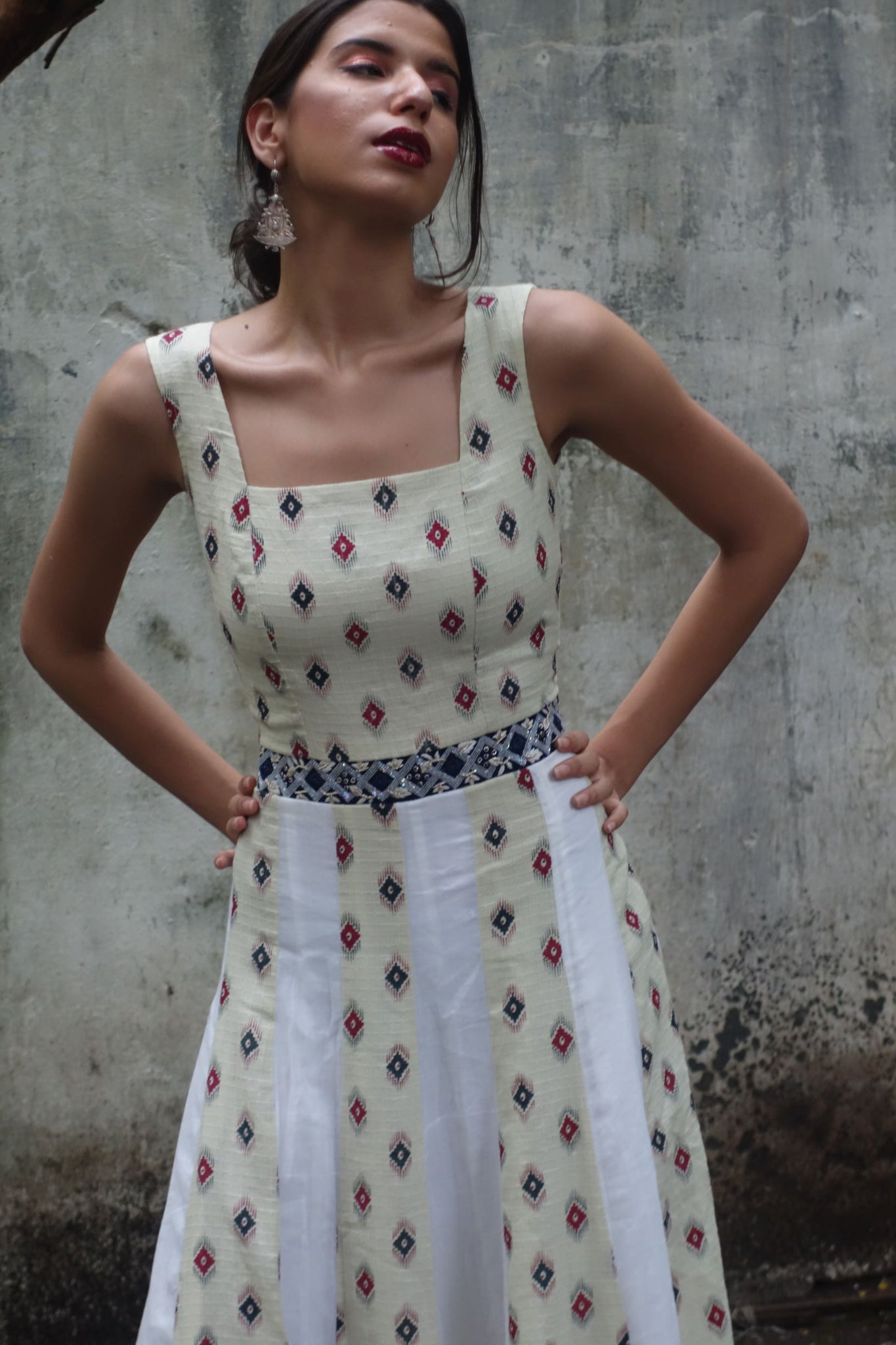 White mulmul & handblock panneled maxi dress with hand embroidered belt