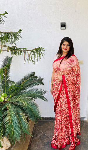 Cream & Red floral lace hand embroidered saree with red satin border