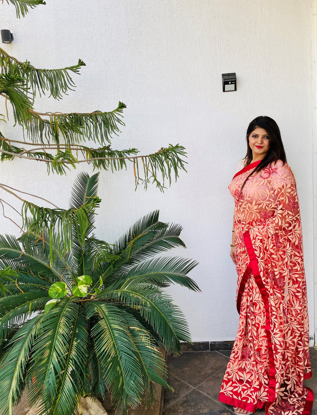 Cream & Red floral lace hand embroidered saree with red satin border