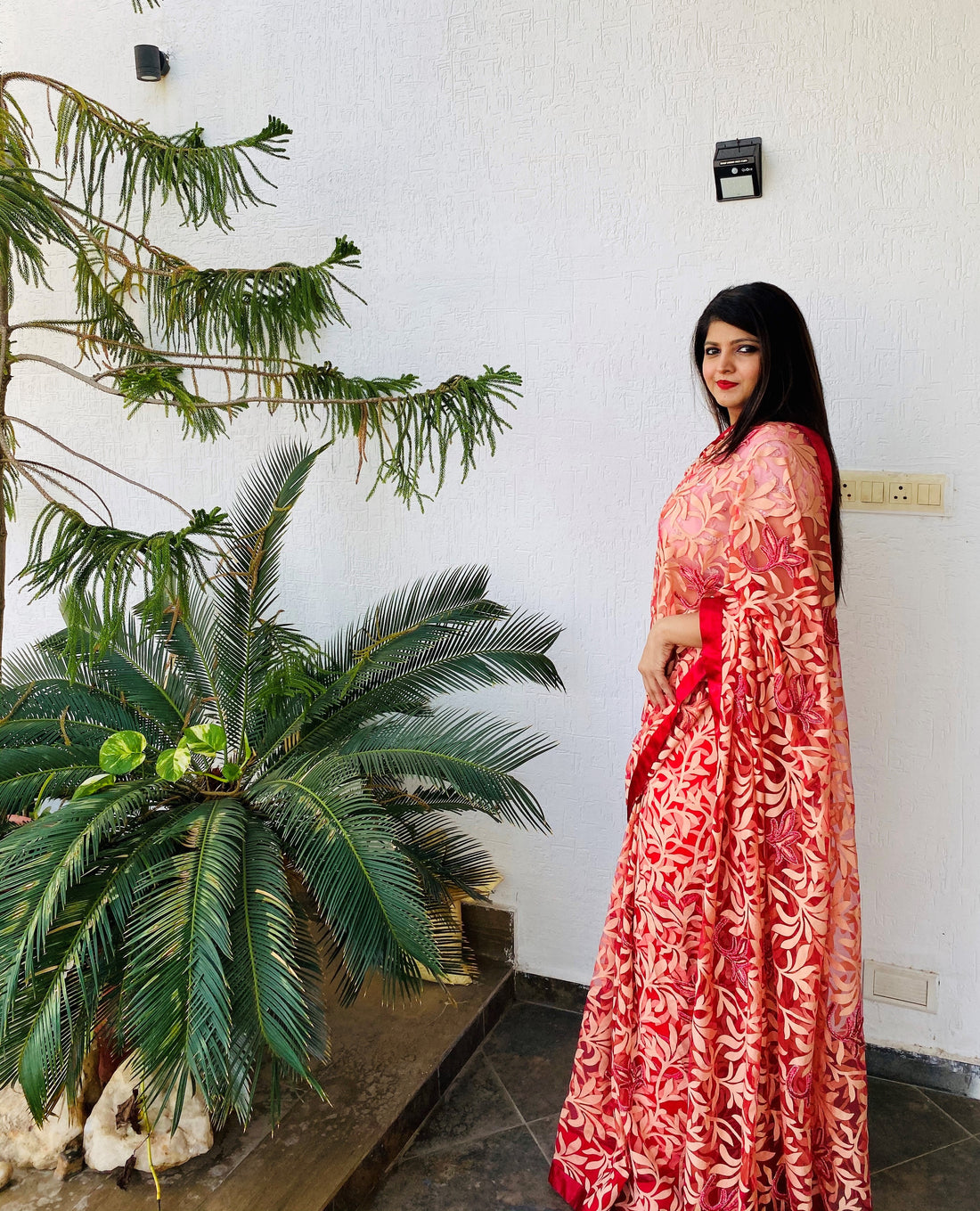 Cream & Red floral lace hand embroidered saree with red satin border