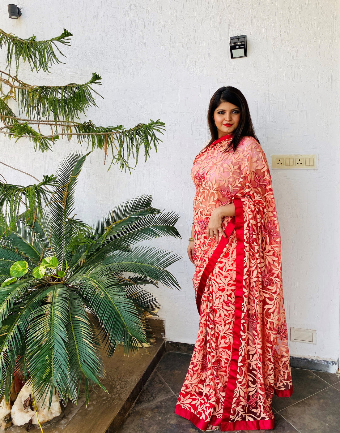 Cream & Red floral lace hand embroidered saree with red satin border