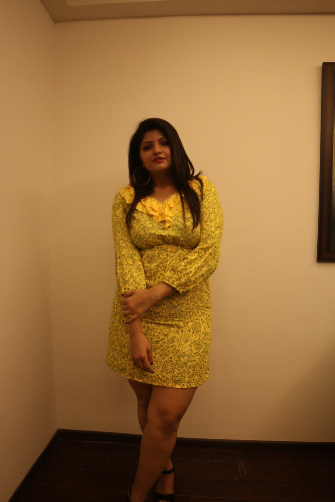 Yellow Screen Print Frill Dress