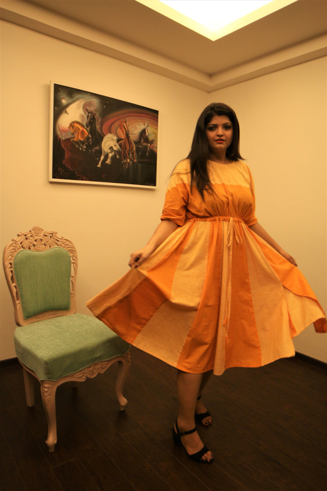 orange & peach drawstrring panneled dress with dolman sleeves