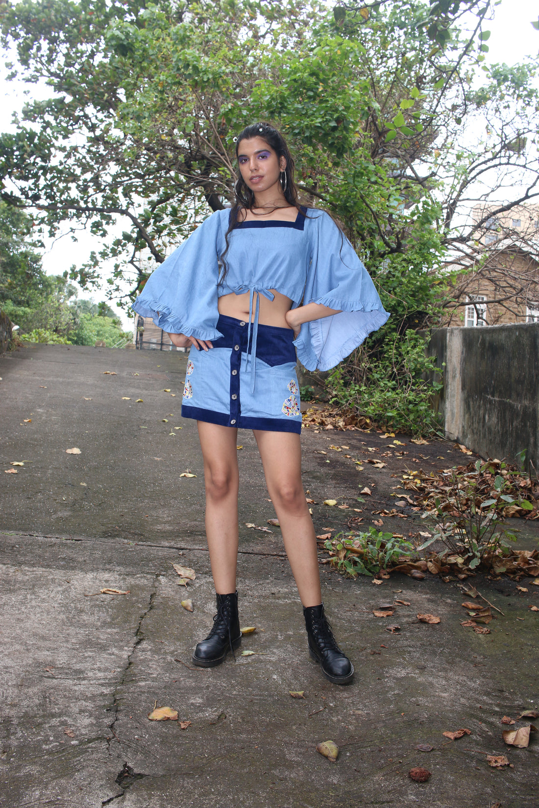 Ethical floral embroidered cotton denim skirt with center front plack & courdroy yoke & crop top set with drawstring waist & flared sleeves