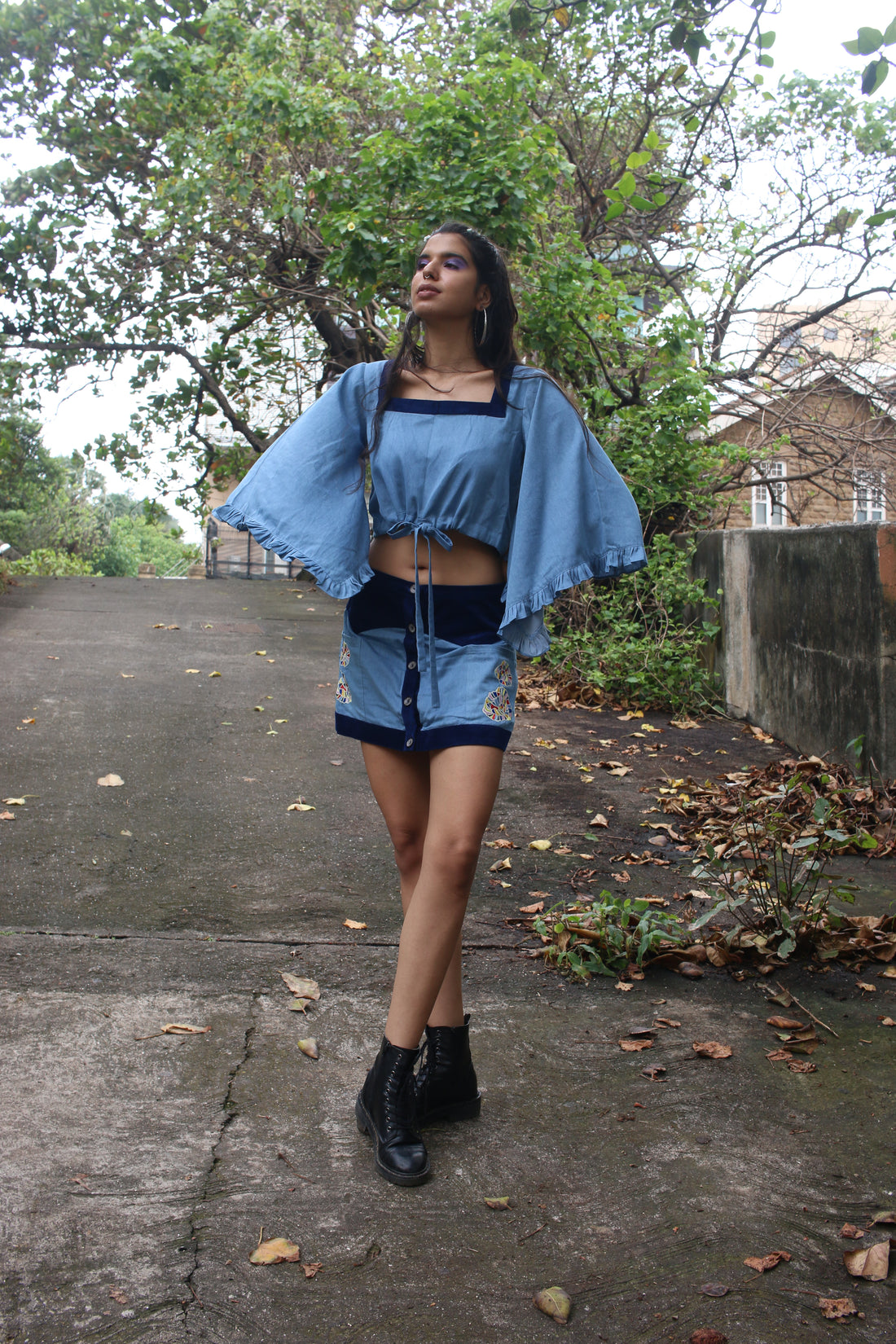 Ethical floral embroidered cotton denim skirt with center front plack & courdroy yoke & crop top set with drawstring waist & flared sleeves