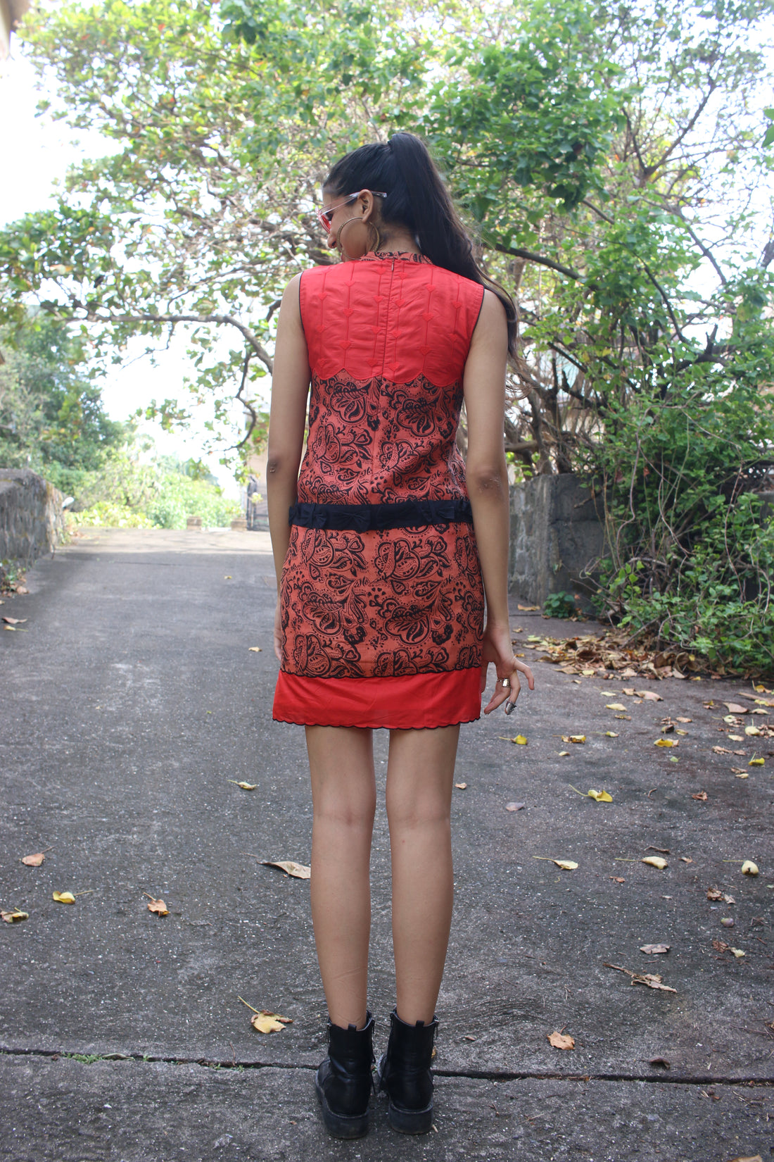 Orange linen shift dress hand blocked in paisley motifs using natural dyes