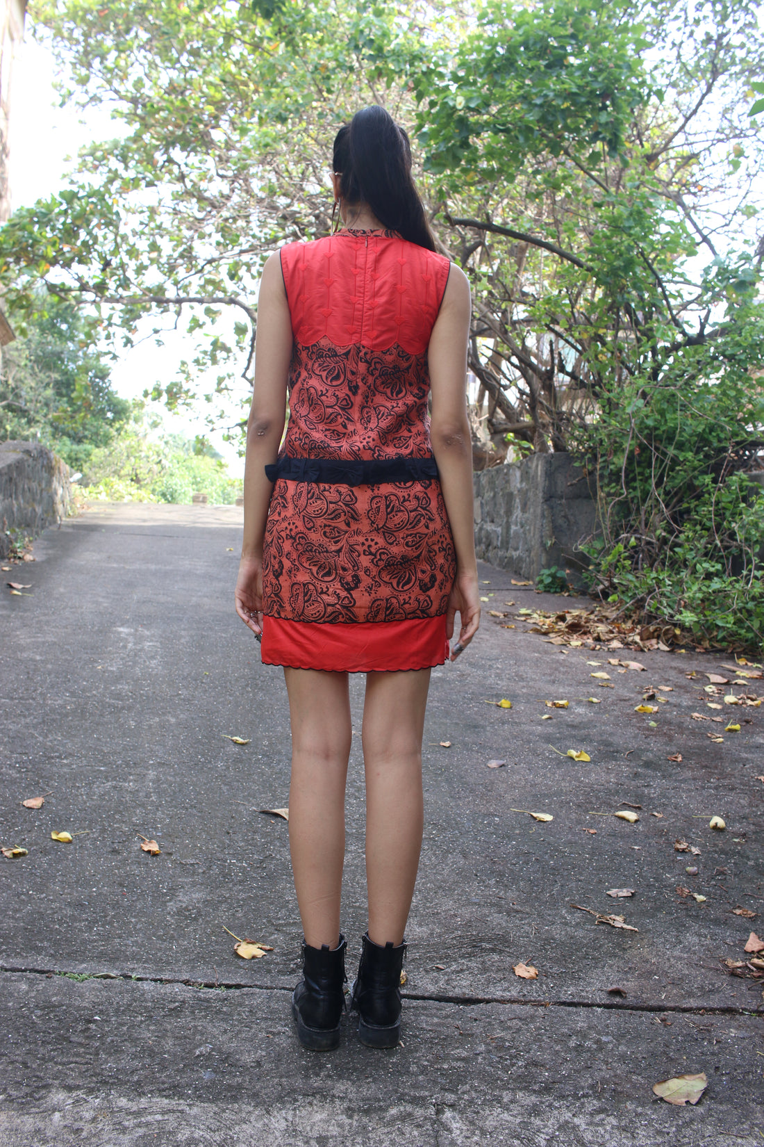 Orange linen shift dress hand blocked in paisley motifs using natural dyes