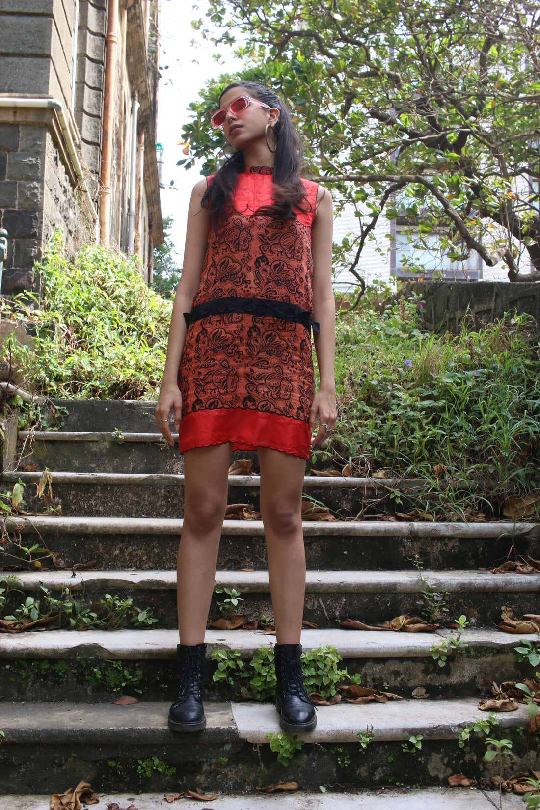 Orange linen shift dress hand blocked in paisley motifs using natural dyes