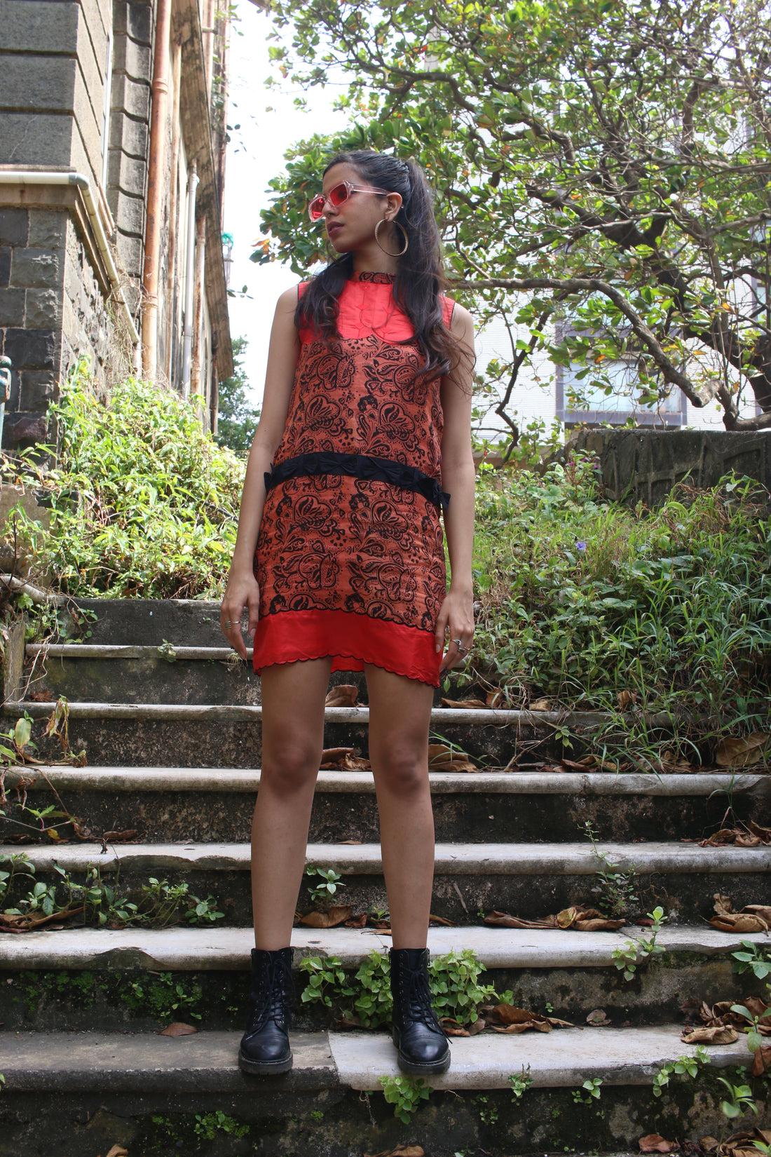 Orange linen shift dress hand blocked in paisley motifs using natural dyes