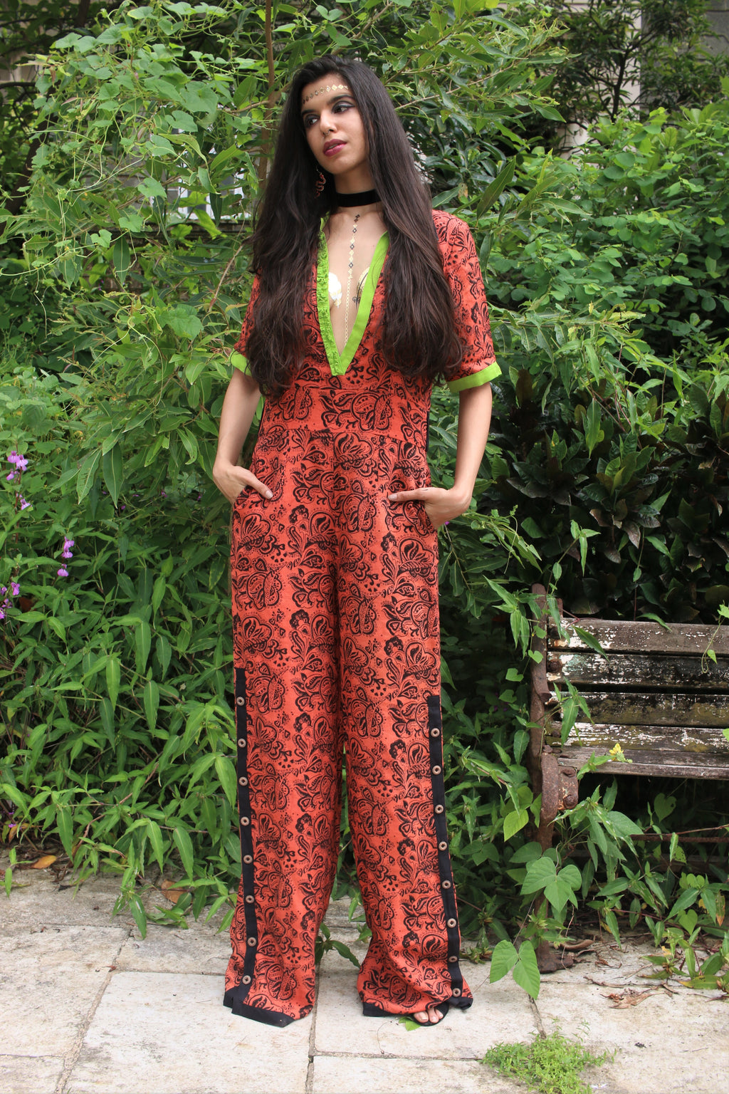 Woodstock inspired Orange Paisley Handloom Linen Block Print Jumpsuit