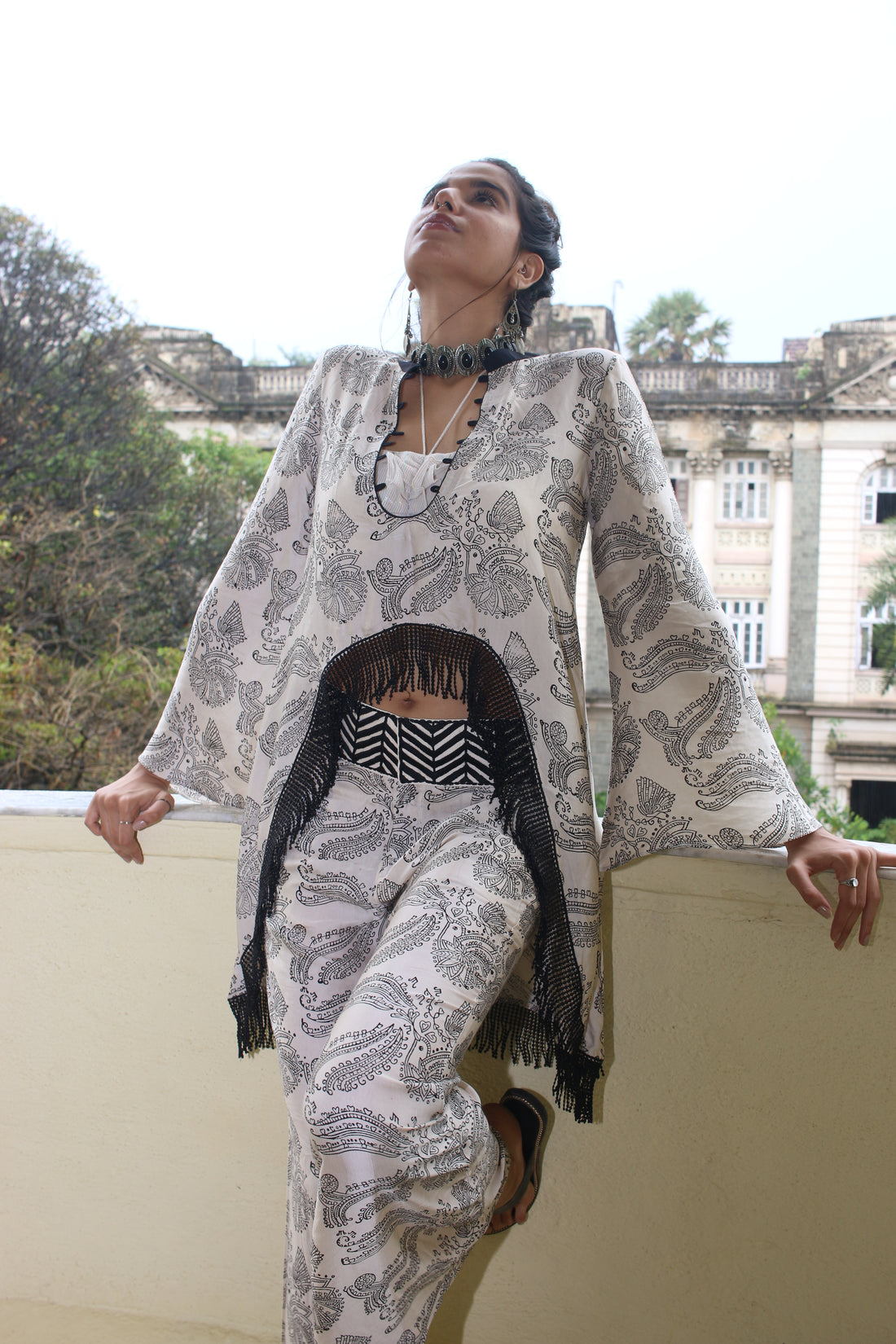 White silk block printed trouser, crop top & tunic set