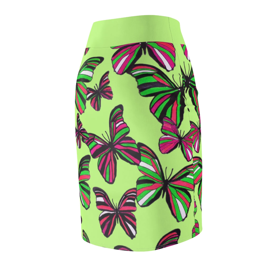 Lime Butterflies Pencil Skirt