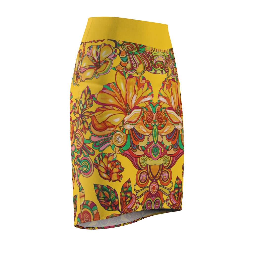 Artsy Floral Yellow Pencil Skirt