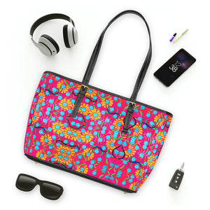 hot pink pu leather sunflower print oversize tote bag