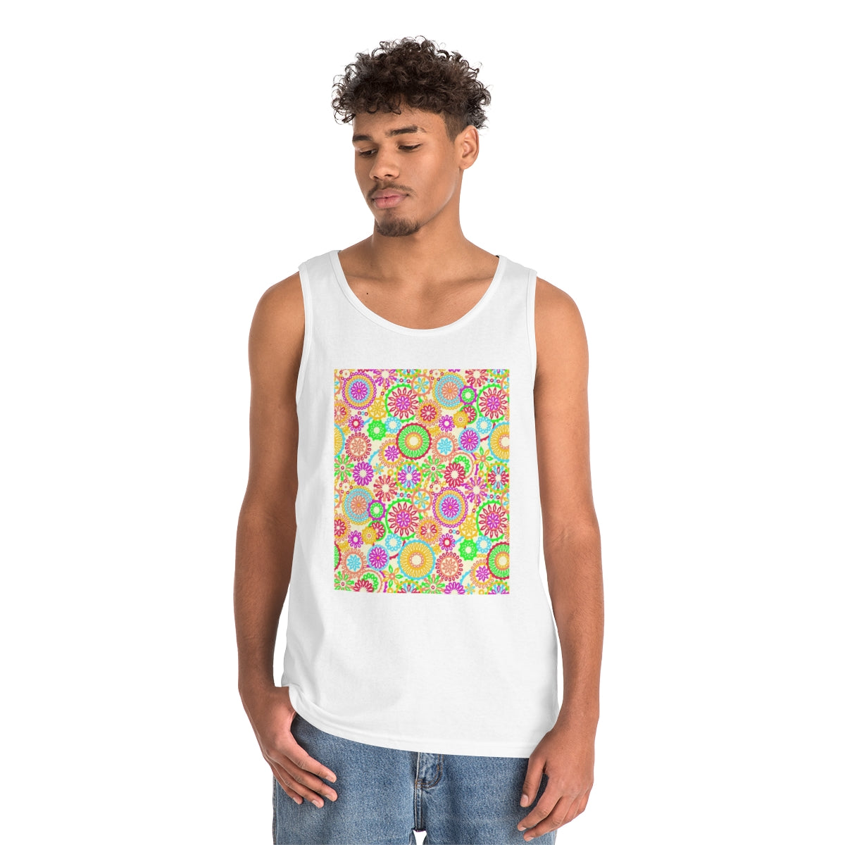 white unisex psychedelic print tank top