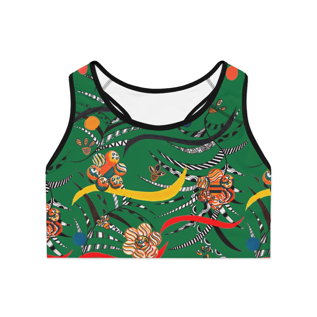 green animal & floral print sports bra  